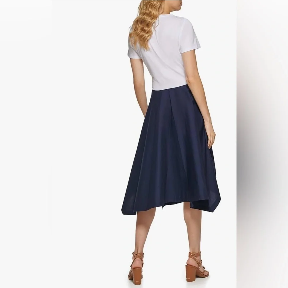 DKNY Women's Mixed-Media Tie-Front Short Sleeve Knit Dress